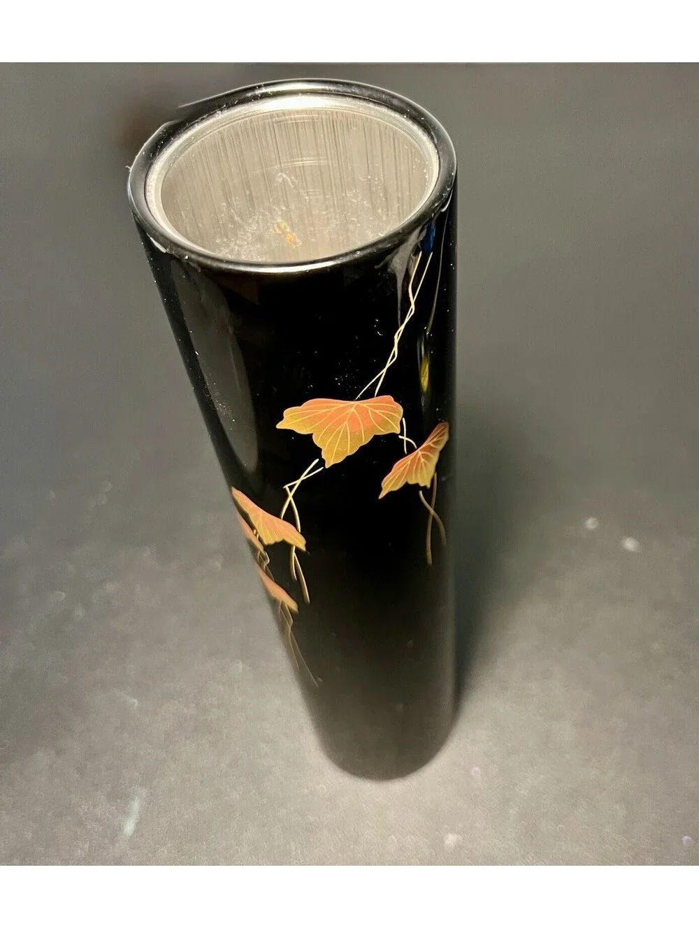 Wajima Nuri Oke 1970s Urushi Lacquer Ikebana Vase Autumn Maple Maki-e, 2.5x10”